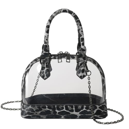 PLCPDM Umhängetasche mit Tragegriff oben, transparent, PVC, Muschelform, Leopardenbesatz, Schultertasche mit Metallkette für Damen, Schwarz von PLCPDM