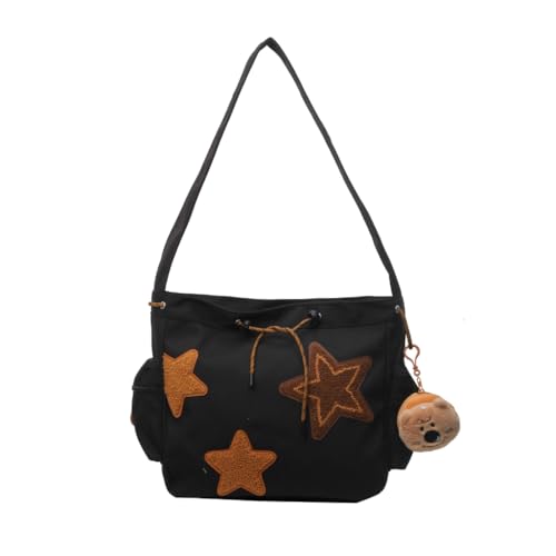 PLCPDM Umhängetasche mit niedlichem Sternmuster für Damen, Studenten, Buchtasche, Canvas, Crossbody-Tasche, große Kapazität, ästhetische Kuriertasche, Schwarz , With pendant von PLCPDM