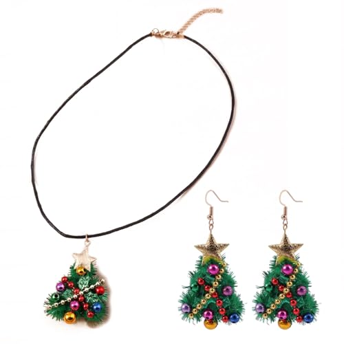 PLCPDM Weihnachtsbaum-Ohrring-Halsketten-Set, festliche Feiertagskette, trendiger Anhänger, Halsschmuck, Ohrschmuck für Damen und Mädchen, Siehe Abbildung von PLCPDM