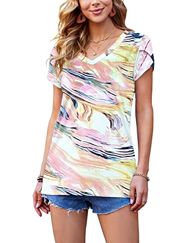 Damen Sommer Tops Damen Kurzarm V-Ausschnitt Gym Wear Shirts (Aquarell,M) von PLOKNRD