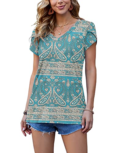 Damen T-Shirts Sommer Flügelärmeln V-Ausschnitt Tops für Frauen (Boho grün,L) von PLOKNRD