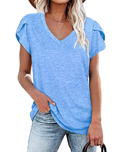 Damen T-Shirts Sommer Flügelärmeln V-Ausschnitt Tops für Frauen (Himmel blau,L) von PLOKNRD