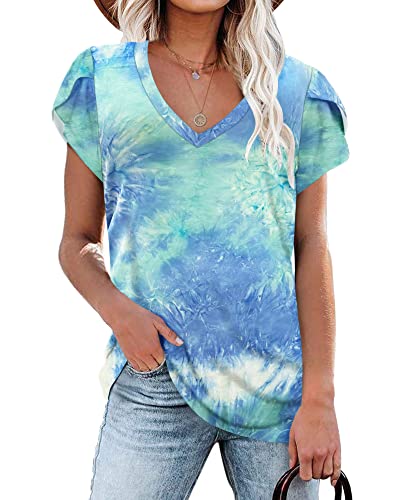 Damen T-Shirts Sommer Flügelärmeln V-Ausschnitt Tops für Frauen (Tie Dye Bleu,L) von PLOKNRD