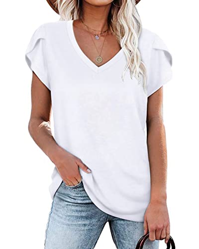 Damen T-Shirts Sommer Flügelärmeln V-Ausschnitt Tops für Frauen (Weiß,L) von PLOKNRD