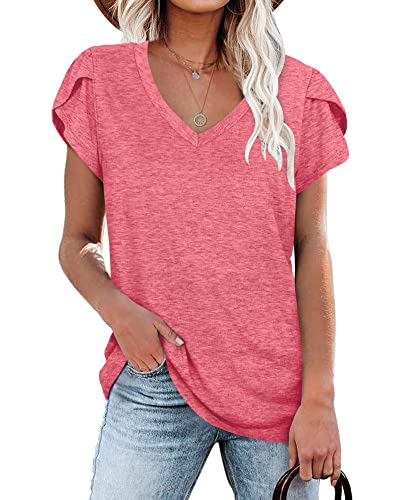 Damen T-Shirts Sommer Flügelärmeln V-Ausschnitt Tops für Frauen (rot,L) von PLOKNRD