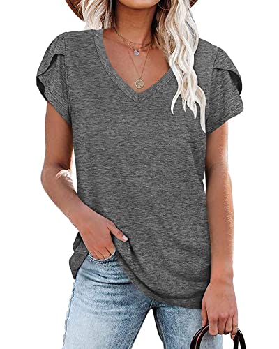 Damen Tops V-Ausschnitt Blütenblatt Ärmel T-Shirt Sommer Kausal Tunika (Grau,XXL) von PLOKNRD