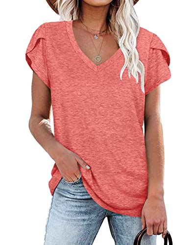 Damen Tops V-Ausschnitt Blütenblatt Ärmel T-Shirt Sommer Kausal Tunika (Koralle,XXL) von PLOKNRD