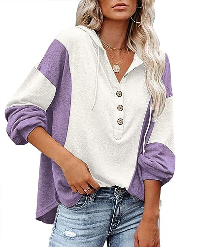 PLOKNRD Damen Oversized Sweatshirt Langarm Button Down Kapuzenpullover mit Kordelzug 44-46（Lila Block,L von PLOKNRD