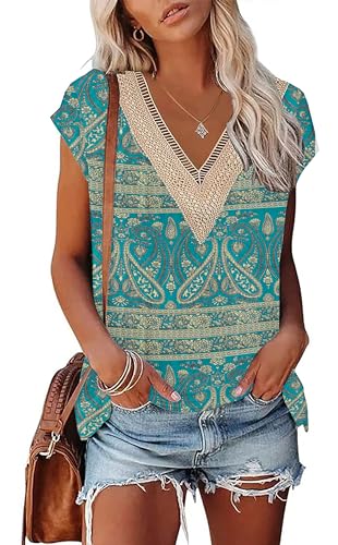 PLOKNRD Damen Sommer T-Shirt Freizeit Top mit V-Ausschnitt und Kurzen Ärmeln Boho Elegant Strand Oberteile(Grün Böhmen,S) von PLOKNRD