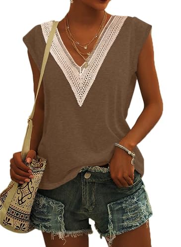 PLOKNRD Damen Sommer T-Shirt Freizeit Top mit V-Ausschnitt und Kurzen Ärmeln Elegant Strand Oberteile(Braun,S) von PLOKNRD