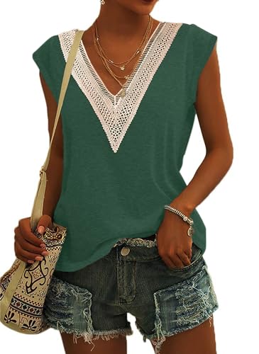 PLOKNRD Damen Sommer T-Shirt Freizeit Top mit V-Ausschnitt und Kurzen Ärmeln Elegant Strand Oberteile(Dunkelgrün,S) von PLOKNRD