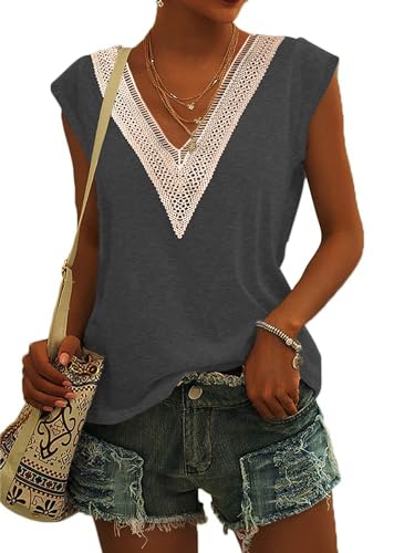 PLOKNRD Damen Sommer T-Shirt Freizeit Top mit V-Ausschnitt und Kurzen Ärmeln Elegant Strand Oberteile(Grau,S) von PLOKNRD