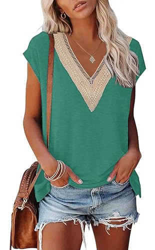 PLOKNRD Damen Sommer T-Shirt Freizeit Top mit V-Ausschnitt und Kurzen Ärmeln Elegant Strand Oberteile(Grün,S) von PLOKNRD