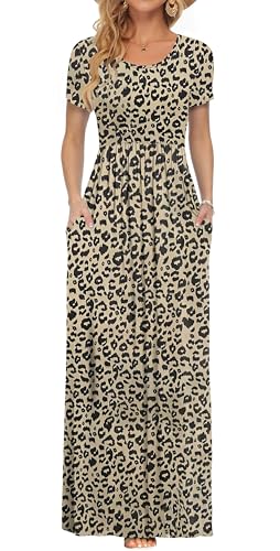 PLOKNRD Damen Sommerkleider Lang Maxikleid Elegant Freizeitkleid mit Taschen 2XL Leopard von PLOKNRD