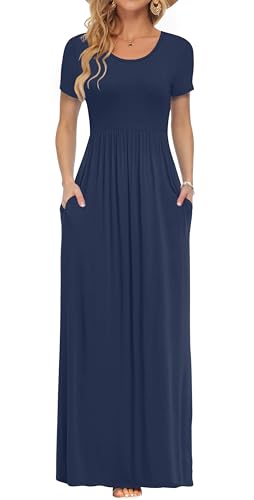 PLOKNRD Damen Sommerkleider Lang Maxikleid Elegant Freizeitkleid mit Taschen 2XL Navy Blau von PLOKNRD