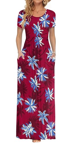 PLOKNRD Damen Sommerkleider Lang Maxikleid Elegant Freizeitkleid mit Taschen 2XL Roter Kokosbaum von PLOKNRD