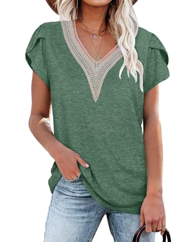 PLOKNRD Damen T-Shirt Elegant Spitze V-Ausschnitt Oberteile Blütenblatt Ärmel Kurzarm Bluse Sommer Locker Tops 2XL Waldgrün von PLOKNRD