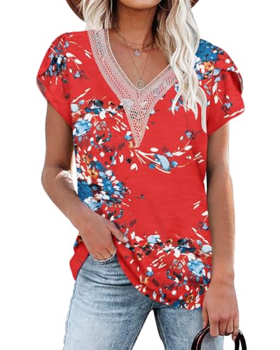 PLOKNRD Damen T-Shirt Elegant Spitze V-Ausschnitt Oberteile Blütenblatt Ärmel Kurzarm Bluse Sommer Locker Tops L Blumen Blau-Rot von PLOKNRD