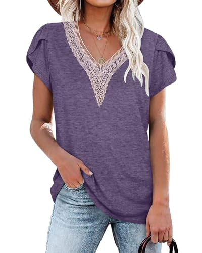 PLOKNRD Damen T-Shirt Elegant Spitze V-Ausschnitt Oberteile Blütenblatt Ärmel Kurzarm Bluse Sommer Locker Tops L Hellviolett von PLOKNRD