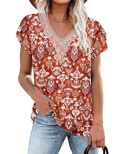 PLOKNRD Damen T-Shirt Elegant Spitze V-Ausschnitt Oberteile Blütenblatt Ärmel Kurzarm Bluse Sommer Locker Tops S Ziegelrote Totemblume von PLOKNRD