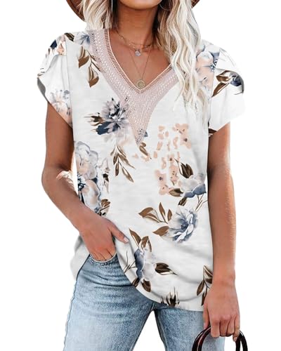 PLOKNRD Damen T-Shirt Elegant Spitze V-Ausschnitt Oberteile Blütenblatt Ärmel Kurzarm Bluse Sommer Locker Tops XL Blumen Weiß von PLOKNRD