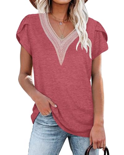 PLOKNRD Damen T-Shirt Elegant Spitze V-Ausschnitt Oberteile Blütenblatt Ärmel Kurzarm Bluse Sommer Locker Tops XL Korallenrot von PLOKNRD