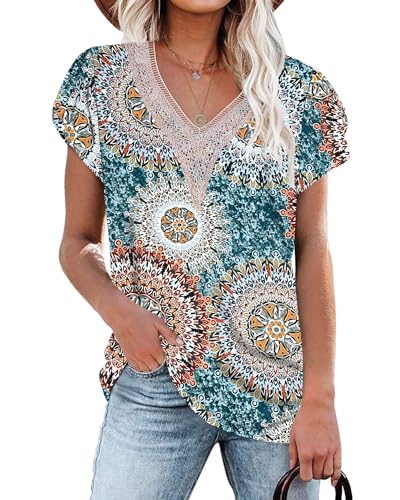 PLOKNRD Damen T-Shirt Elegant Spitze V-Ausschnitt Oberteile Blütenblatt Ärmel Kurzarm Bluse Sommer Locker Tops 2XL Druckengrün von PLOKNRD