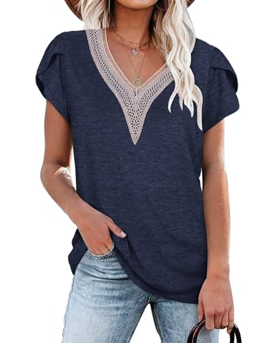 PLOKNRD Damen T-Shirt Elegant Spitze V-Ausschnitt Oberteile Blütenblatt Ärmel Kurzarm Bluse Sommer Locker Tops 2XL Marineblau von PLOKNRD