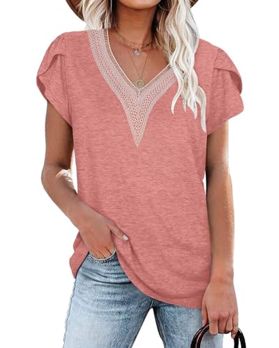 PLOKNRD Damen T-Shirt Elegant Spitze V-Ausschnitt Oberteile Blütenblatt Ärmel Kurzarm Bluse Sommer Locker Tops 2XL Pink von PLOKNRD