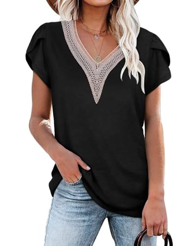 PLOKNRD Damen T-Shirt Elegant Spitze V-Ausschnitt Oberteile Blütenblatt Ärmel Kurzarm Bluse Sommer Locker Tops 2XL Schwarz von PLOKNRD