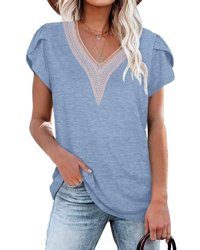 PLOKNRD Damen T-Shirt Elegant Spitze V-Ausschnitt Oberteile Blütenblatt Ärmel Kurzarm Bluse Sommer Locker Tops L Himmelblau von PLOKNRD