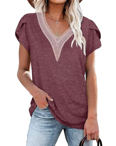 PLOKNRD Damen T-Shirt Elegant Spitze V-Ausschnitt Oberteile Blütenblatt Ärmel Kurzarm Bluse Sommer Locker Tops S Weinrot von PLOKNRD