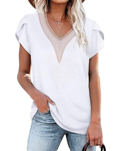 PLOKNRD Damen T-Shirt Elegant Spitze V-Ausschnitt Oberteile Blütenblatt Ärmel Kurzarm Bluse Sommer Locker Tops S Weiß von PLOKNRD