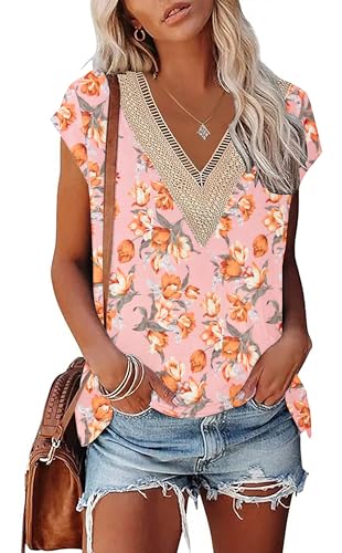 PLOKNRD Damen T-Shirts Sommer V-Ausschnitt Elegantes Abendparty Top Klassisches Kurzärmeliges Oberteile(Rosa Tulip,XL) von PLOKNRD