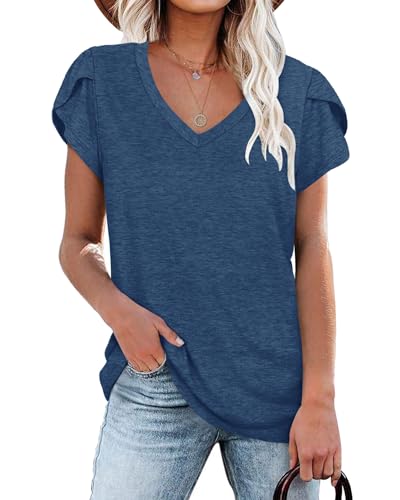 PLOKNRD Damen Tops V-Ausschnitt Blütenblatt Ärmel T-Shirt Sommer Kausal Tunika (Dunkelblau,L) von PLOKNRD