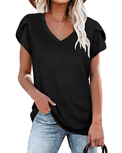 PLOKNRD Damen Tops V-Ausschnitt Blütenblatt Ärmel T-Shirt Sommer Kausal Tunika (Schwarz,XXL) von PLOKNRD