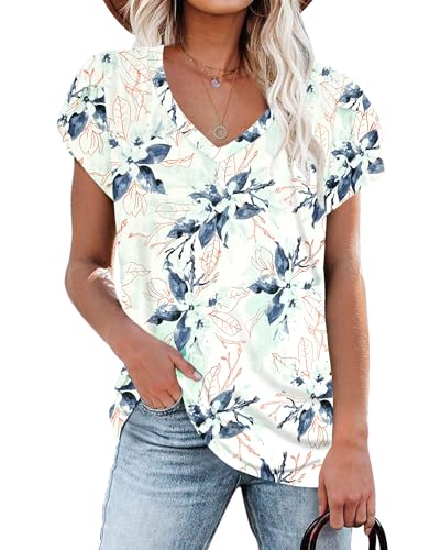 PLOKNRD Damen Tops V-Ausschnitt Blütenblatt Ärmel T-Shirt Sommer Kausal Tunika (Weiße Grüne Blume,L) von PLOKNRD