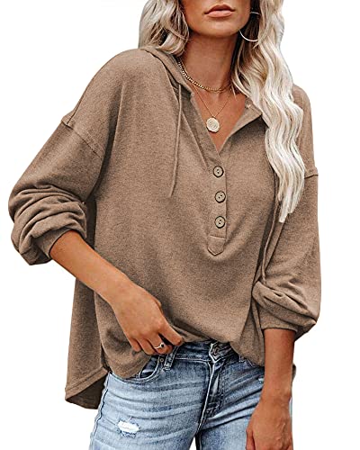 PLOKNRD Hooded Sweatshirt Damen Knopfleiste Leichter Pullover für den Herbst44-46 （Khaki,L von PLOKNRD