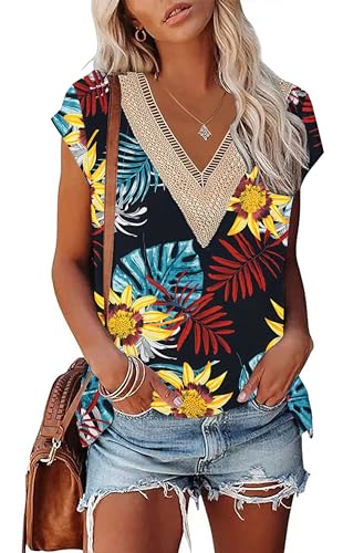 PLOKNRD Kurzärmeliges Damen Top mit V-Ausschnitt Elegantes Top mit Spitzenausschnitt Freizeit Sommer Strandkleidung(Blumen und Blätter,L) von PLOKNRD