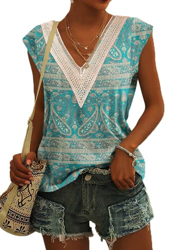 PLOKNRD Kurzärmeliges Damen Top mit V-Ausschnitt Elegantes Top mit Spitzenausschnitt Freizeit Sommer Strandkleidung(Grün Böhmen,L) von PLOKNRD