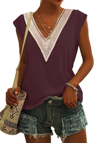 PLOKNRD Kurzärmeliges Damen Top mit V-Ausschnitt Elegantes Top mit Spitzenausschnitt Freizeit Sommer Strandkleidung(Weinrot,L) von PLOKNRD