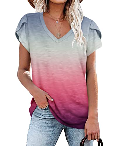 PLOKNRD T-Shirt für Damen Casual Sommer Tops Kurzarm Tuniken(Grau-Ombre-Rosa,2XL) von PLOKNRD