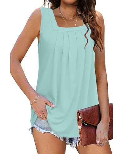 PLOKNRD Tank Top Damen Ärmellos Sommer Oberteile Quadratischen Halsausschnitt Blusen Tops Für Damen Mit Falten Elegant Lockere Shirt Seegrün S von PLOKNRD