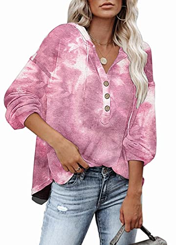 PLOKNRD Tie Dye Red Hooded Sweatshirt Damen Button Down Leichter Pullover für den Herbst L 44-46 von PLOKNRD