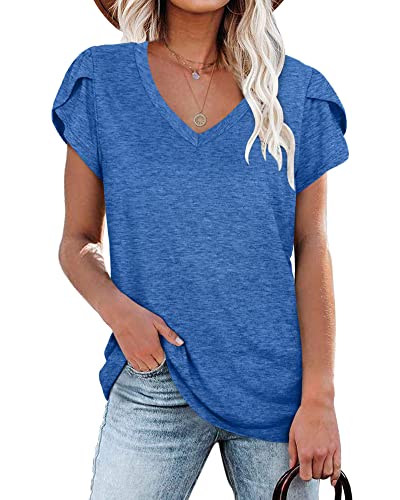 PLOKNRD Tops für Damen Sommer Kurzarm Tops V-Ausschnitt für Damen (Blau,S) von PLOKNRD