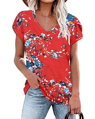 PLOKNRD Tops für Damen Sommer Kurzarm Tops V-Ausschnitt für Damen (Blumen blau,S) von PLOKNRD