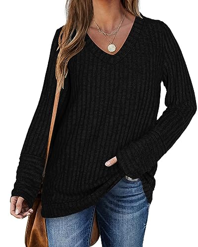 Pullover für Damen Herbst Langarm V-Ausschnitt Loose Herbst Sweatshirt (Schwarz，2XL von PLOKNRD