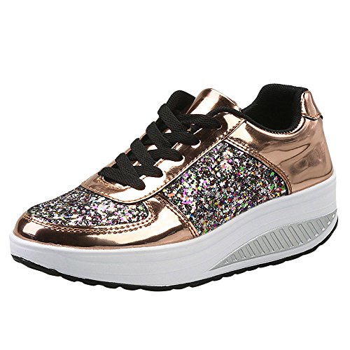 PLOT Damen Sneaker,2018 Sommer Lackleder Plateauschuhe mit Pailletten Keilabsatz Schuhe Plateau Schuhe Damen Freizeitschuhe Sportschuhe Damen (40 EU, Gold) von PLOT