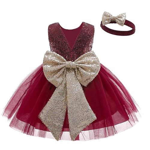 PLWEDDING Baby Mädchen Pailletten Blumenmädchen Kleid Kleinkind Prinzessin Tüll Tutu Festzug Ballkleider(6 Jahre,Burgundisch) von PLWEDDING