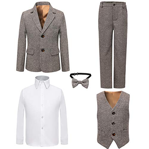 PLWEDDING Boy's 5 Stück Smokings Kleinkind Formale Anzüge Set Kinder Slim Fit Anzug für Hochzeiten(10,Leinen) von PLWEDDING